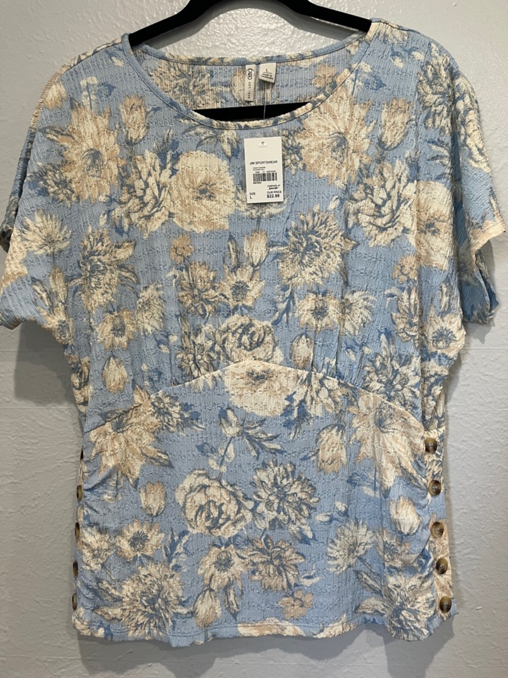 Cato Blue & Cream Floral Short Sleeve Button-Accent Top